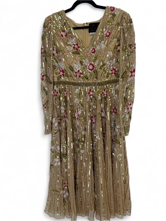 Mac Duggal Dresses & Skirts - Mac Duggal Embellished V-Neck Floral Beaded Evening Dress in Tan, Pink & Green